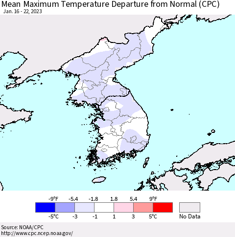 Korea Mean Maximum Temperature Departure from Normal (CPC) Thematic Map For 1/16/2023 - 1/22/2023