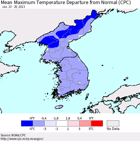 Korea Mean Maximum Temperature Departure from Normal (CPC) Thematic Map For 1/23/2023 - 1/29/2023