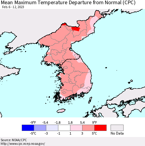 Korea Mean Maximum Temperature Departure from Normal (CPC) Thematic Map For 2/6/2023 - 2/12/2023