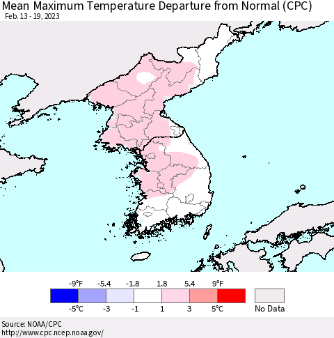 Korea Mean Maximum Temperature Departure from Normal (CPC) Thematic Map For 2/13/2023 - 2/19/2023