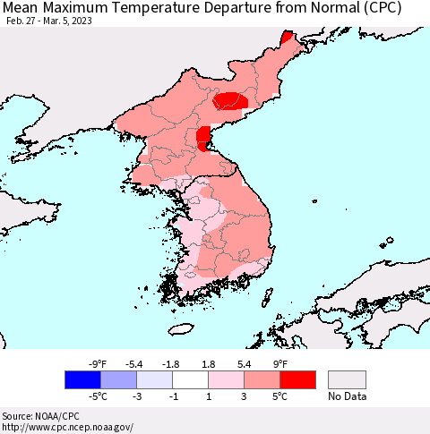 Korea Mean Maximum Temperature Departure from Normal (CPC) Thematic Map For 2/27/2023 - 3/5/2023