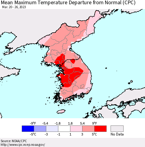 Korea Mean Maximum Temperature Departure from Normal (CPC) Thematic Map For 3/20/2023 - 3/26/2023