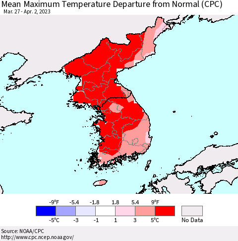 Korea Mean Maximum Temperature Departure from Normal (CPC) Thematic Map For 3/27/2023 - 4/2/2023