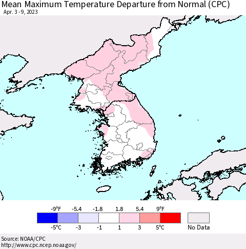 Korea Mean Maximum Temperature Departure from Normal (CPC) Thematic Map For 4/3/2023 - 4/9/2023