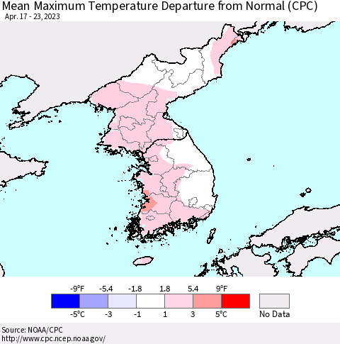 Korea Mean Maximum Temperature Departure from Normal (CPC) Thematic Map For 4/17/2023 - 4/23/2023