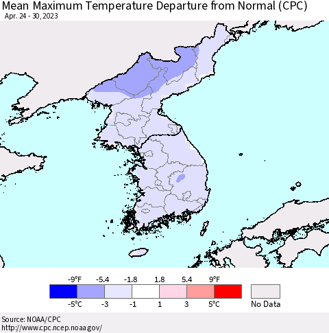 Korea Mean Maximum Temperature Departure from Normal (CPC) Thematic Map For 4/24/2023 - 4/30/2023