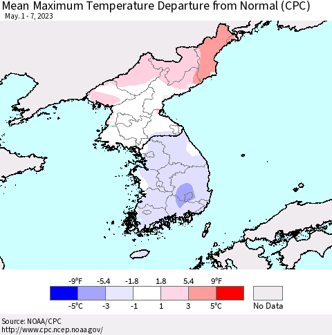 Korea Mean Maximum Temperature Departure from Normal (CPC) Thematic Map For 5/1/2023 - 5/7/2023