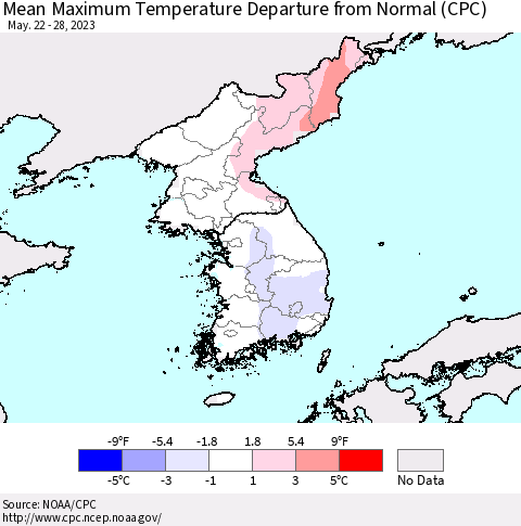 Korea Mean Maximum Temperature Departure from Normal (CPC) Thematic Map For 5/22/2023 - 5/28/2023