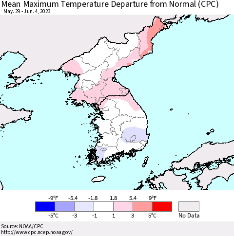 Korea Mean Maximum Temperature Departure from Normal (CPC) Thematic Map For 5/29/2023 - 6/4/2023