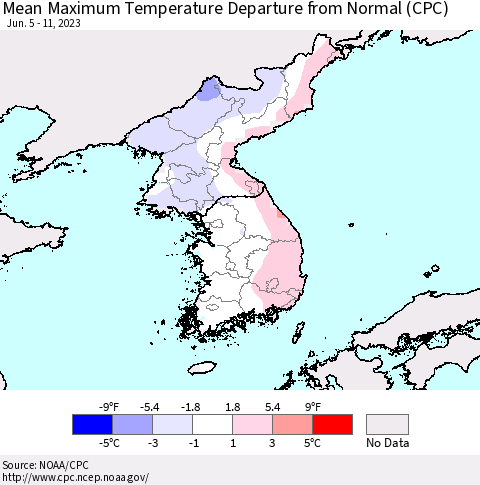 Korea Mean Maximum Temperature Departure from Normal (CPC) Thematic Map For 6/5/2023 - 6/11/2023