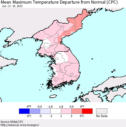 Korea Mean Maximum Temperature Departure from Normal (CPC) Thematic Map For 6/12/2023 - 6/18/2023