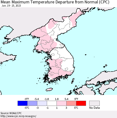 Korea Mean Maximum Temperature Departure from Normal (CPC) Thematic Map For 6/19/2023 - 6/25/2023