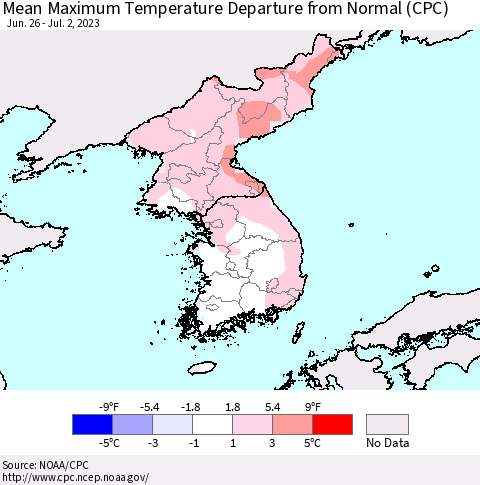 Korea Mean Maximum Temperature Departure from Normal (CPC) Thematic Map For 6/26/2023 - 7/2/2023