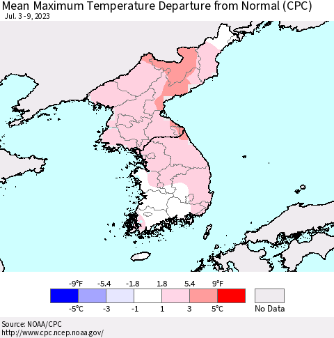 Korea Mean Maximum Temperature Departure from Normal (CPC) Thematic Map For 7/3/2023 - 7/9/2023