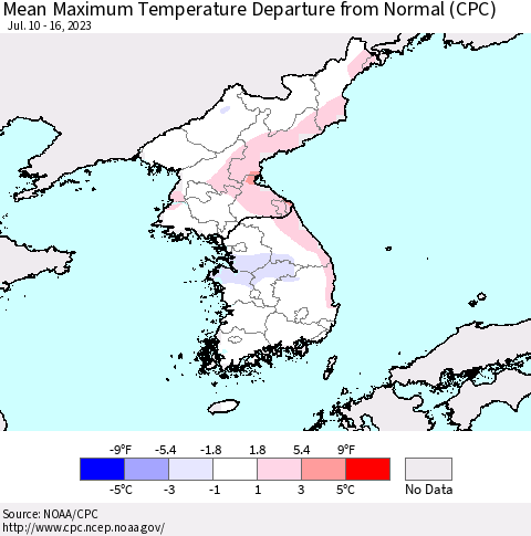 Korea Mean Maximum Temperature Departure from Normal (CPC) Thematic Map For 7/10/2023 - 7/16/2023