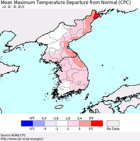 Korea Mean Maximum Temperature Departure from Normal (CPC) Thematic Map For 7/24/2023 - 7/30/2023