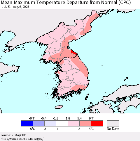 Korea Mean Maximum Temperature Departure from Normal (CPC) Thematic Map For 7/31/2023 - 8/6/2023
