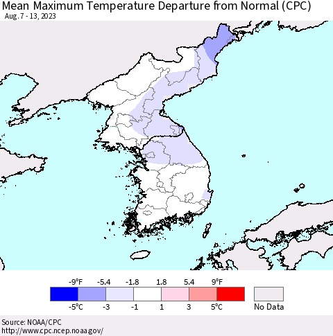 Korea Mean Maximum Temperature Departure from Normal (CPC) Thematic Map For 8/7/2023 - 8/13/2023