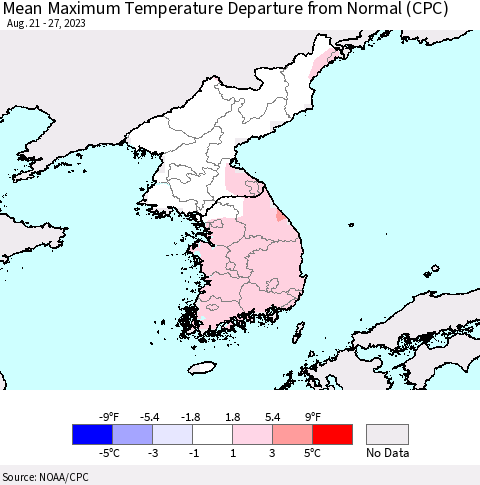 Korea Mean Maximum Temperature Departure from Normal (CPC) Thematic Map For 8/21/2023 - 8/27/2023