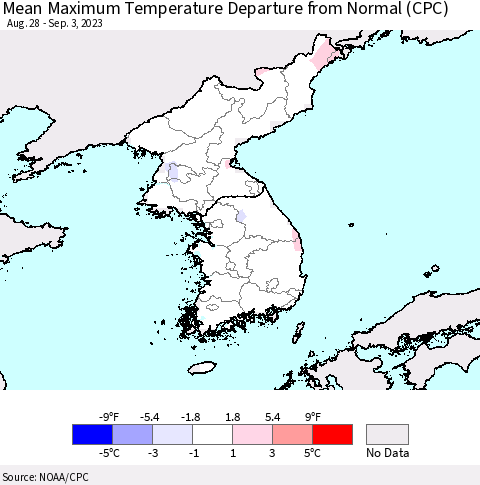 Korea Mean Maximum Temperature Departure from Normal (CPC) Thematic Map For 8/28/2023 - 9/3/2023