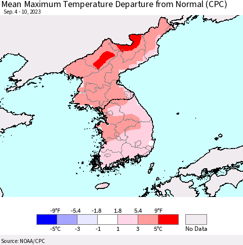 Korea Mean Maximum Temperature Departure from Normal (CPC) Thematic Map For 9/4/2023 - 9/10/2023