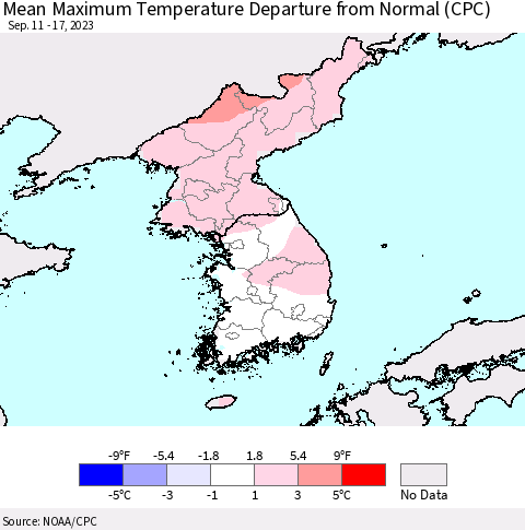 Korea Mean Maximum Temperature Departure from Normal (CPC) Thematic Map For 9/11/2023 - 9/17/2023