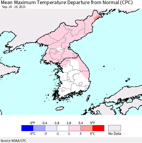 Korea Mean Maximum Temperature Departure from Normal (CPC) Thematic Map For 9/18/2023 - 9/24/2023
