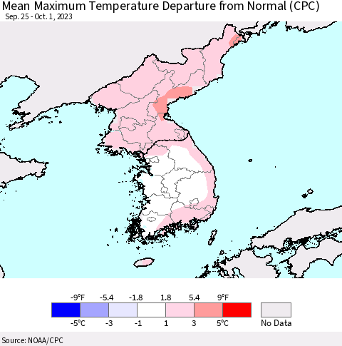 Korea Mean Maximum Temperature Departure from Normal (CPC) Thematic Map For 9/25/2023 - 10/1/2023