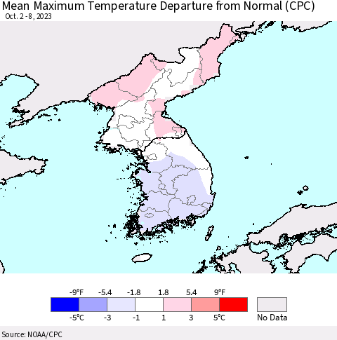 Korea Mean Maximum Temperature Departure from Normal (CPC) Thematic Map For 10/2/2023 - 10/8/2023