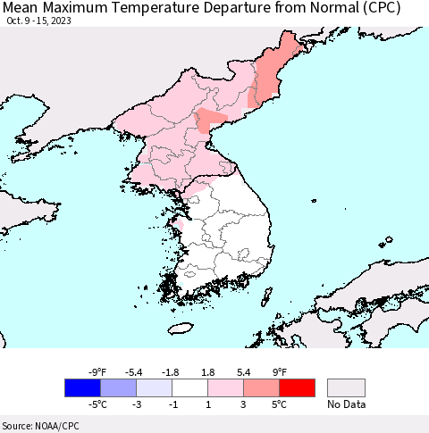 Korea Mean Maximum Temperature Departure from Normal (CPC) Thematic Map For 10/9/2023 - 10/15/2023