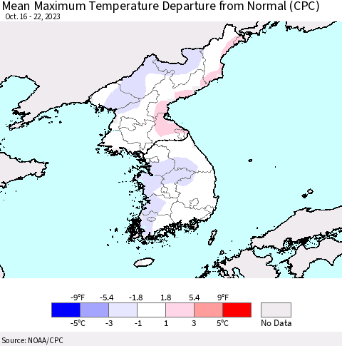 Korea Mean Maximum Temperature Departure from Normal (CPC) Thematic Map For 10/16/2023 - 10/22/2023