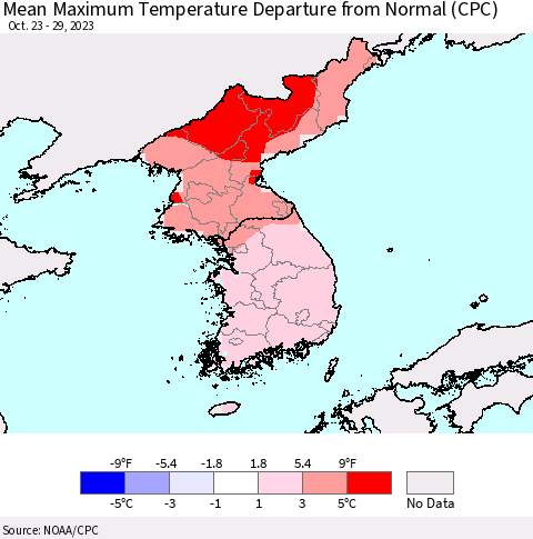 Korea Mean Maximum Temperature Departure from Normal (CPC) Thematic Map For 10/23/2023 - 10/29/2023