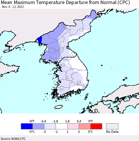 Korea Mean Maximum Temperature Departure from Normal (CPC) Thematic Map For 11/6/2023 - 11/12/2023