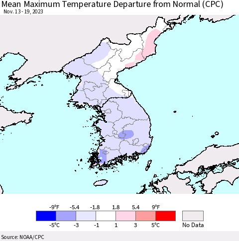 Korea Mean Maximum Temperature Departure from Normal (CPC) Thematic Map For 11/13/2023 - 11/19/2023