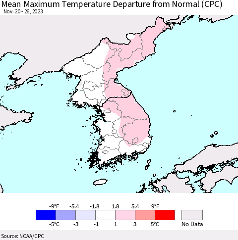 Korea Mean Maximum Temperature Departure from Normal (CPC) Thematic Map For 11/20/2023 - 11/26/2023