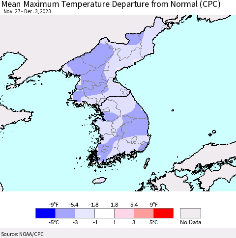 Korea Mean Maximum Temperature Departure from Normal (CPC) Thematic Map For 11/27/2023 - 12/3/2023