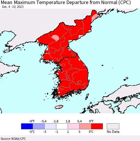 Korea Mean Maximum Temperature Departure from Normal (CPC) Thematic Map For 12/4/2023 - 12/10/2023
