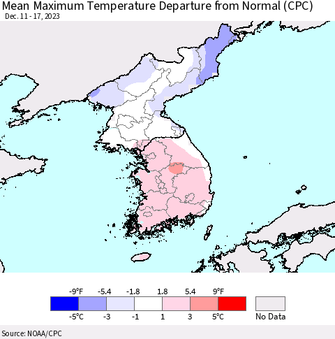 Korea Mean Maximum Temperature Departure from Normal (CPC) Thematic Map For 12/11/2023 - 12/17/2023