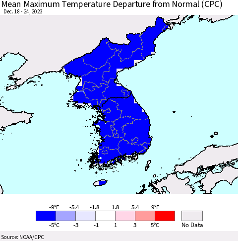 Korea Mean Maximum Temperature Departure from Normal (CPC) Thematic Map For 12/18/2023 - 12/24/2023