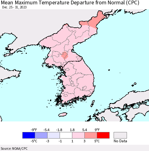 Korea Mean Maximum Temperature Departure from Normal (CPC) Thematic Map For 12/25/2023 - 12/31/2023