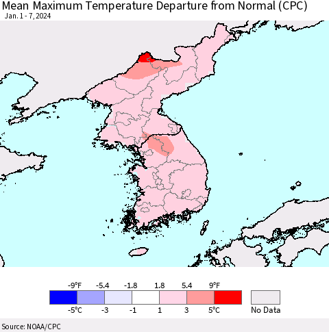 Korea Mean Maximum Temperature Departure from Normal (CPC) Thematic Map For 1/1/2024 - 1/7/2024