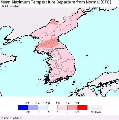 Korea Mean Maximum Temperature Departure from Normal (CPC) Thematic Map For 1/8/2024 - 1/14/2024