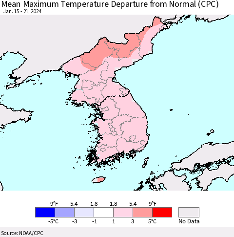 Korea Mean Maximum Temperature Departure from Normal (CPC) Thematic Map For 1/15/2024 - 1/21/2024