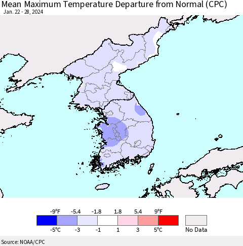 Korea Mean Maximum Temperature Departure from Normal (CPC) Thematic Map For 1/22/2024 - 1/28/2024