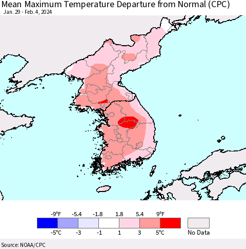 Korea Mean Maximum Temperature Departure from Normal (CPC) Thematic Map For 1/29/2024 - 2/4/2024