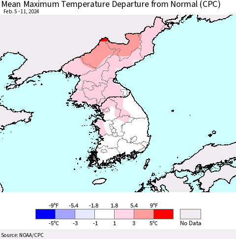 Korea Mean Maximum Temperature Departure from Normal (CPC) Thematic Map For 2/5/2024 - 2/11/2024