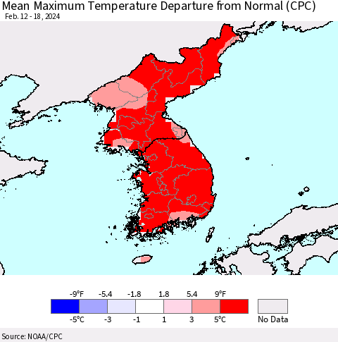 Korea Mean Maximum Temperature Departure from Normal (CPC) Thematic Map For 2/12/2024 - 2/18/2024