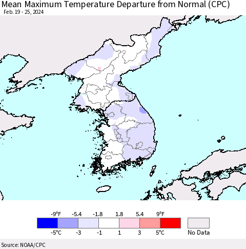 Korea Mean Maximum Temperature Departure from Normal (CPC) Thematic Map For 2/19/2024 - 2/25/2024