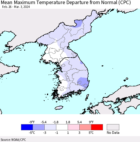 Korea Mean Maximum Temperature Departure from Normal (CPC) Thematic Map For 2/26/2024 - 3/3/2024