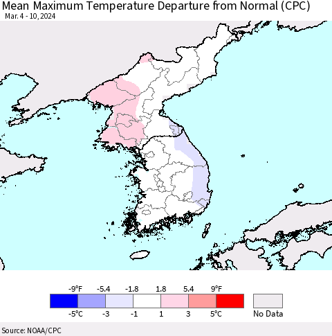 Korea Mean Maximum Temperature Departure from Normal (CPC) Thematic Map For 3/4/2024 - 3/10/2024
